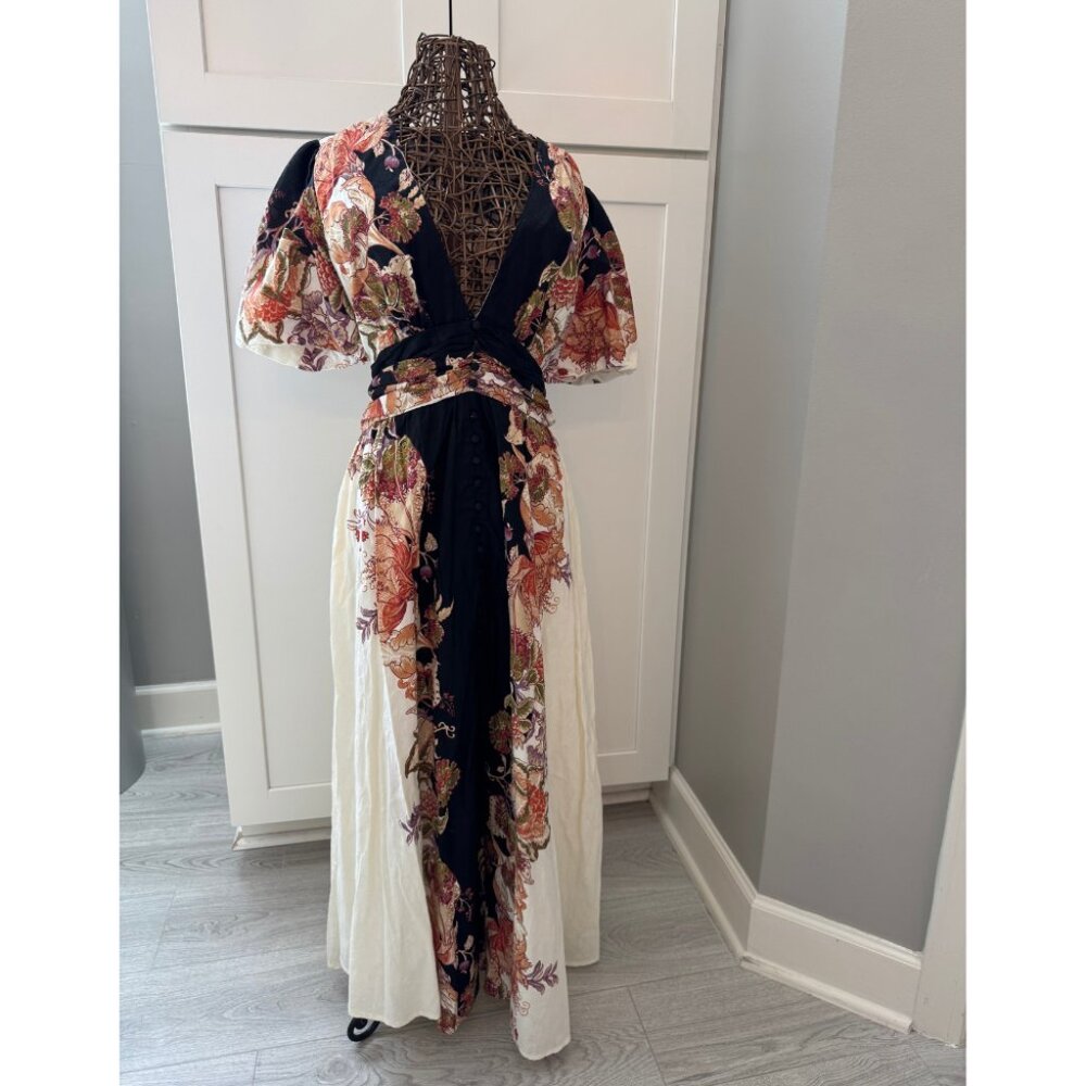 Anthropologie Black, Cream & Rust Floral Maxi Dress